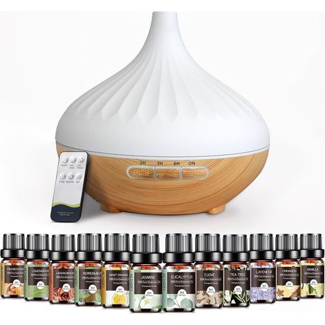 Diffuseur d'huiles Essentielles 500ML, Diffuseur de Parfum avec 12x5ML Huiles Essentielles, Humidificateur Ultrasonique avec 7 Couleurs Lumières LED, Arrêt Automatique, pour Maison, Yoga, Spa (1/5)
