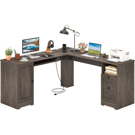 Bureau d'ordinateur en L 168 x 168 x 76 cm avec station de charge ergonomique moderne pour bureau ou gaming en bois composite gris