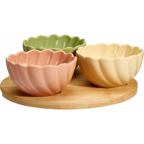 Servierbrett-Set aus Bambus + 3 bunte Blumenschalen