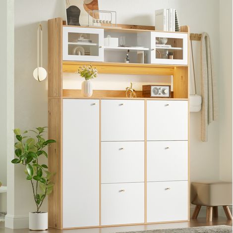 Scarpiera stretta con LED e vetro, 6 vani a doppio livello, bianco/legno naturale OKMYHOME (1/5)