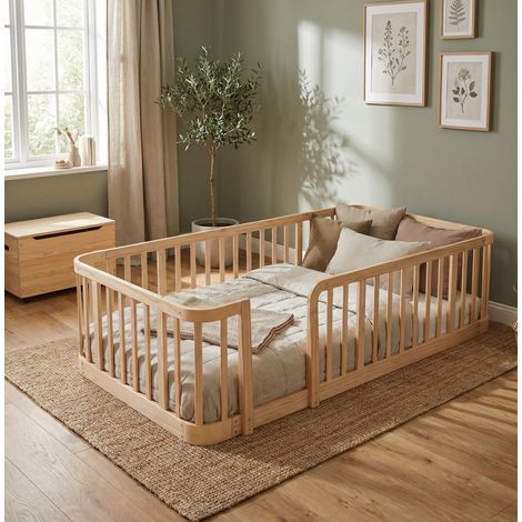 Recinto modulare per bambini stile scandinavo in legno naturale 90x200 cm, pannelli in legno ingegnerizzato, bordi arrotondati