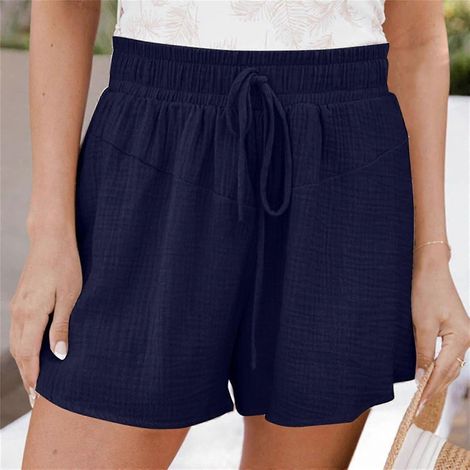 Short femme, coupe ample, taille haute, uni, décontracté, jambes larges, lacé-XL-Navy