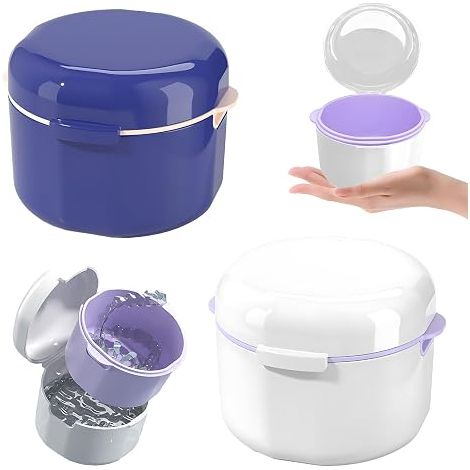 Sollbry 4 pièces Boîte de Rangement pour dentier avec Panier de Nettoyage,pour la propreté et Le Stockage des prothèses dentaires,Accessoires(2blue,2blanc) (1/5)