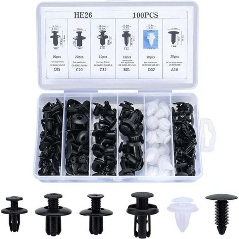 YMYNY 100 Pièces Clips Voiture Universel, 6 Taille Clips de Fixation Voiture Outils, Rivet Plastique, Agrafes Carrosserie pour Pare-Chocs Porte de Voiture Fender Push Kit de Remplacement (1/4)