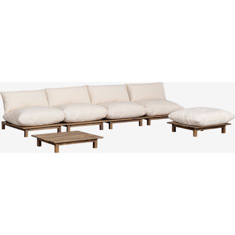 SKLUM Garten-Set mit 4-teiligen modularen, verstellbaren Sofa, Couchtisch und Pouf aus Akazienholz Brina Creme-Beige