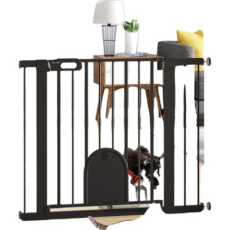 Puerta de seguridad para mascotas, material de acero, ancho ajustable de 75 a 103 cm, puerta de cierre automático, puerta para mascotas pequeñas, fácil instalación. (1/5)