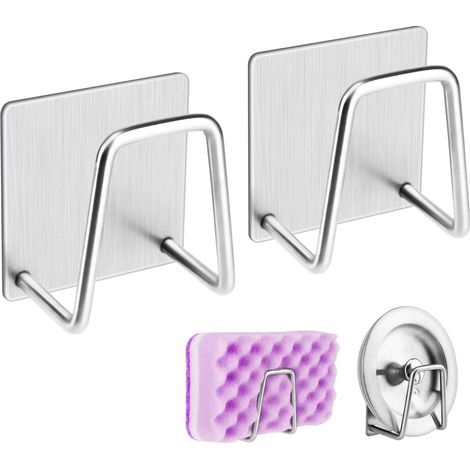 Lot de 2 porte-éponges adhésifs polis pour évier, accessoires de cuisine. Acier inoxydable antirouille et imperméable, séchage rapide, gain de place. (1/5)