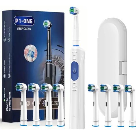 (Boîte blanche avec 8 bandeaux de rechange) Brosse à dents électrique rotative, 3 modes, chargement rapide USB, minuterie. (1/5)
