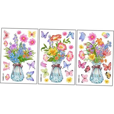 Stickers décoratifs électrostatiques pour fenêtre – motif pots de fleurs, papillons et fleurs – 3 pièces 20 × 30 cm – pour décoration intérieure et extérieure (1/5)