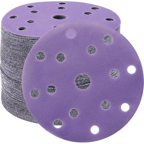 Discos de lijado de 150 mm, papel de lija de grano 120, 50 unidades, discos de lijado de 15 agujeros para lijadora orbital (morado) (1/2)