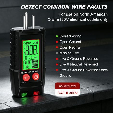 Détecteur de disjoncteurs, testeur de prises GFCI avec écran LCD, détecteur de défauts de ligne de prise de courant, testeur de tension 300 V, adapté aux tests électriques domestiques. (1/4)