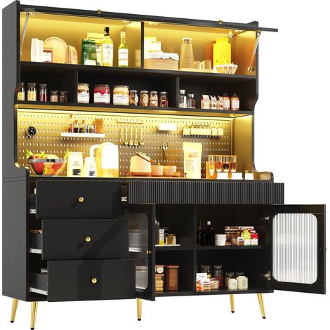 Buffet haut de cuisine Noir,meuble de rangement moderne avec éclairage LED,avec étagères réglables,145x39x171cm (1/5)