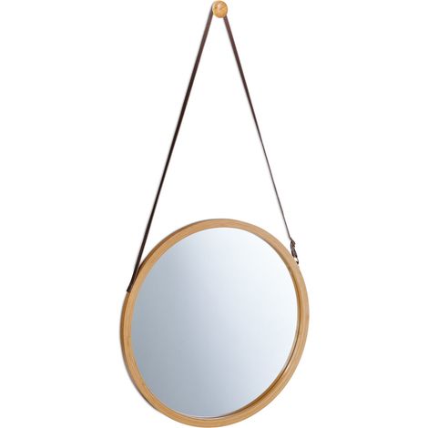 Relaxdays Round Hanging Mirror, Adjustable Strap, Bamboo Frame, Modern, Hallway, Bathroom & Guest WC, ∅: 38 cm, Natural (1/5)