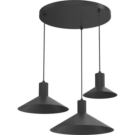 Suspension 3 spots GU10 noire Nox en acier, abat-jours coniques aplatis, style industriel (1/2)