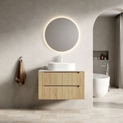 Meuble Vasque Suspendu 80cm avec Lavabo Ovale Blanc et Plan Travertin Fritté - Chêne Clair