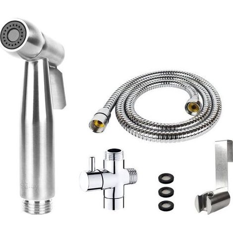 Douchette bidet hygiénique en acier inoxydable brossé avec flexible, raccord en T et support mural, kit douche WC (1/2)