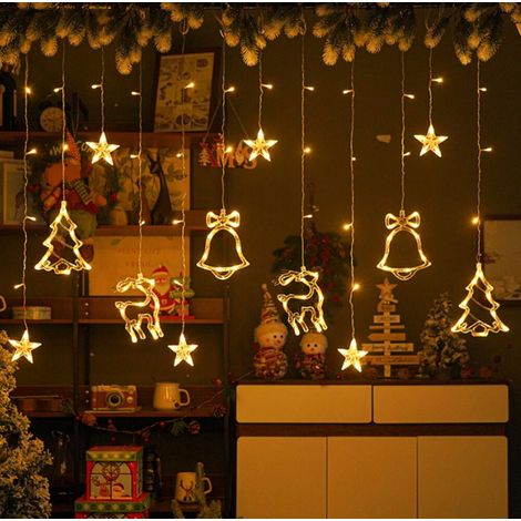 Rideau Lumineux Noël, Guirlande Lumineuse Fenêtre Cloche Wapiti, 3.5m 8 Modes Lumières de Noel, Guirlande USB et Télécommande IP44 pour Chambre Fenetr