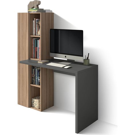 Escritorio modelo 640 de la colección NELLE Grafito y Nogal, encimera en cascada y estantería con armario lateral. (1/2)