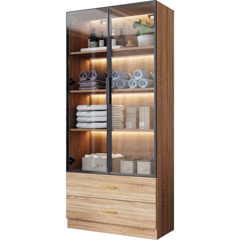 CHICFURN Armadio bagno 75 cm in MDF marrone con luce, 2 cassetti e ante in vetro (1/5)