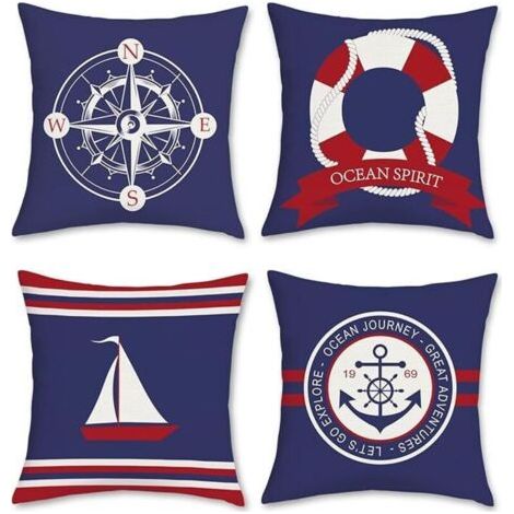 BUNTHAUS Lot de 4 housses de coussin nautiques, motifs ancre, boussole et voilier, bleu et rouge, 45x45 cm, pour canapé, lits, chaises, voiture, salon. (1/4)