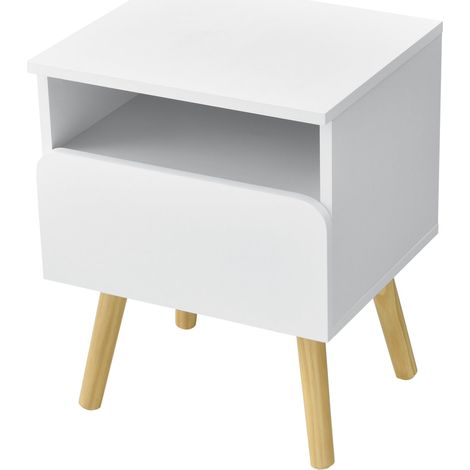 Mesita de noche de diseño con cajón y contenedor con patas de pino blanco de 50 cm 030006237