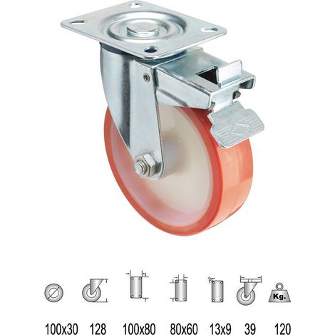 Roulette industrielle en polyuréthane avec plaque et frein 100 mm.