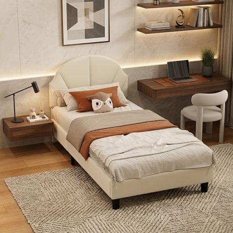 Lit Enfant 90x200 cm, lit Simple capitonné avec tête de lit réglable et sommier à Lattes, adapté aux Filles, Adolescentes, Velours Doux pour la Peau, sans Matelas, Beige (1/5)