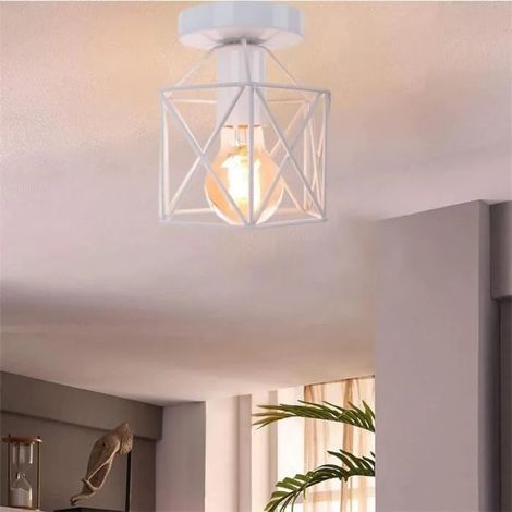 U-Do Plafonnier Carré Blanc Lampe de Plafonde Cage en Métal design Vintage décoration pour Salon Couloir (1/4)