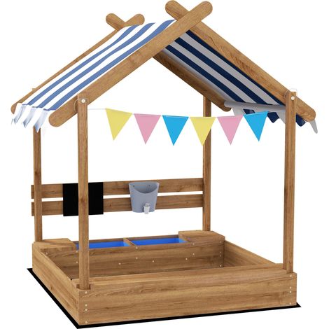 Sabbiera a forma di casa 124 x 116 x 146 cm tendalino parasole panca gioco per giardino rustico sicuro in legno marrone 210000352