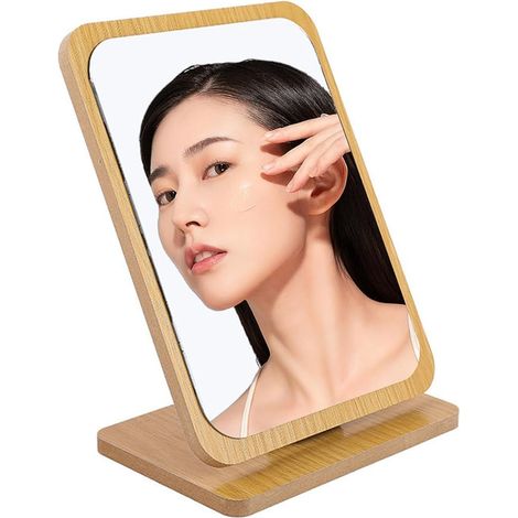 Standing Table Mirror, Wooden Table Mirror, Adjustable Angle, Wooden Base for Bedroom, Bathroom, Office, School (1/5)