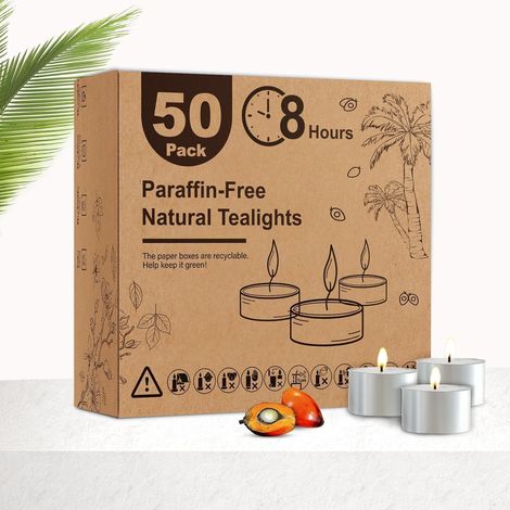 Lot de 50 bougie chauffe-plat en cire d'huile de palme naturelle - Durée de combustion : 8 heures - Blanches - Sans suie et anti-gouttes - Pour des soirées confortables et une décoration (1/5)