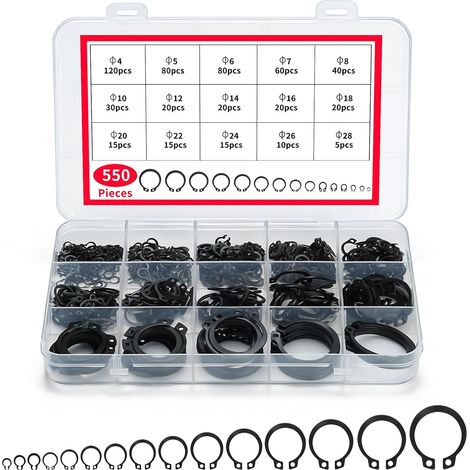 550 pièces E-clips anneaux de retenue externes M4–M28 assortiment bagues d’arrêt kit clips d’arrêt pour atelier garage bricolage (1/5)