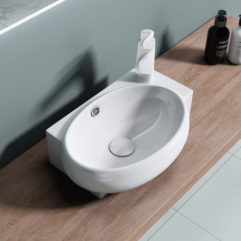 doporro® Lavabo sobre encimera Brüssel001 lavabo suspendido de cerámica en blanco de diseño (Izquierdo)
