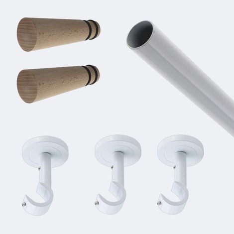 Kit de tringle à rideaux Blanc 250cm Diam.20mm Embout Cône Bois - Fixation Plafond - Boulet (1/3)