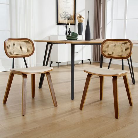 Wahson 2er Set Esszimmerstühle aus PU Leder, Rattan-Rückenlehne Holzgestell gepolstert für Esszimmer Wohnzimmer Küche, Beige