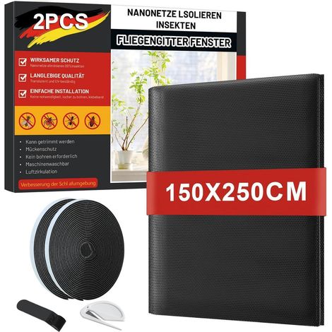 Fliegengitter Fenster 2er Pack 150x250cm ohne Bohren feinmaschig schwarz (1/5)