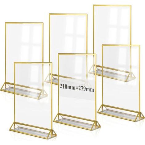 6PCS A4 Acrylic Tabletop Display Stand, Gold Poster Holder, Double-Sided Transparent Photo Frame for Menus, Photos, Weddings, Advertising, Receptions (1/5)