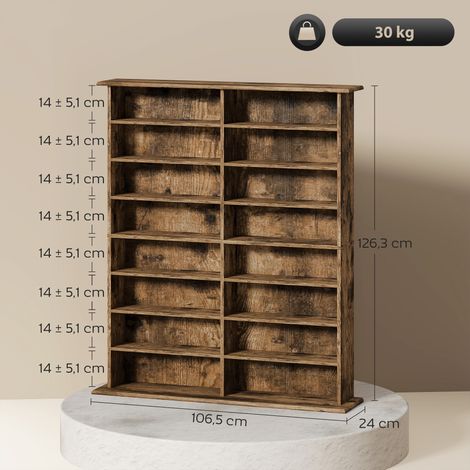 Rangements pour CD et DVD avec 16 compartiments et 12 étagères réglables capacité max. 720 CD/396 DVD et Blu-ray marron (1/5)