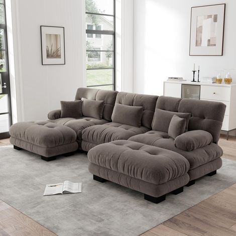 Canapé d'angle modulable luxueux - Canapé nuage surdimensionné en forme de U pour salon, canapé-lit convertible à assise profonde avec pouf, marron chenille
