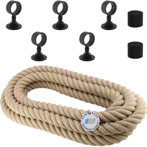 Set de corde pour main courante Ø 30 mm – 5 m de corde en polychanvre naturel avec 2 embouts et 5 supports, noir mat pour escalier et rampe (1/5)