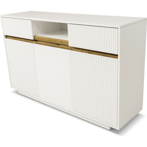 Credenza bianca con LED 140 x 40 x 85 cm, 2 cassetti e 3 ante, ripiani regolabili, HOMVRA (1/5)