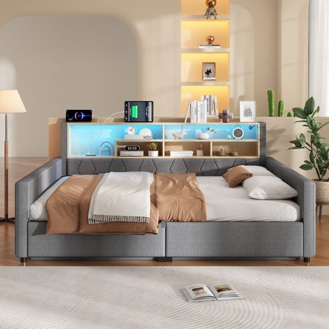 Lit banquette coffre 140 x 200 cm, rangement hydraulique, prise, ports USB et éclairage LED, sans matelas, velours gris (1/5)