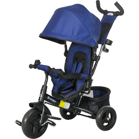 Tricycle enfant métal bleu foncé avec panier arrière porte-gobelet pare-soleil