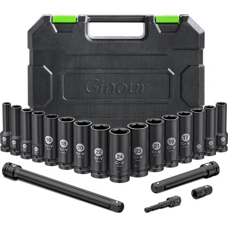 Jeu de douilles à choc 20 pièces, CR-V 8-24mm  Coffret 1/2" 16 pièces 6 Pans avec rallonge 3, 5,10-inch et adaptateur 3/8 1/2 Douille-2 - (1/5)