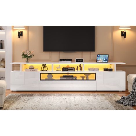 Meuble TV 180 cm laqué brillant, LED 10 niveaux, 2 placards + 1 tiroir, pour TV jusqu’à 75" (1/5)