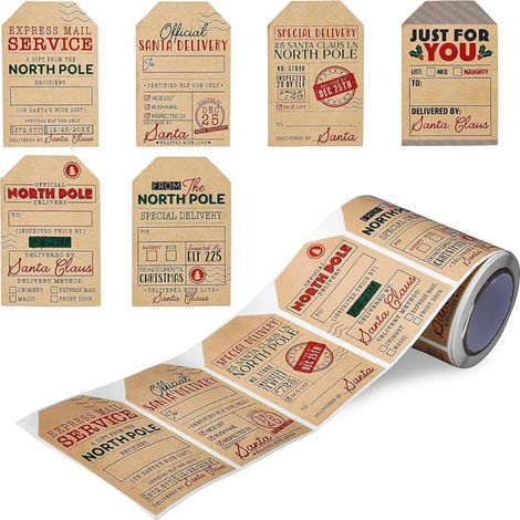 200 étiquettes cadeaux de Noël autocollantes en papier kraft, motifs Pôle Nord et Livraison du Père Noël, étiquettes inscriptibles pour cadeaux de Noël, enveloppes, cartes et décorations de fêtes, 6 s