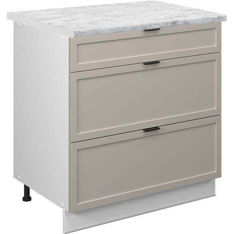 Mobiletto base per cucina Fame-Line, GrigioBeige, 80 cm con 3 cassetti, PL Marmo, Vicco