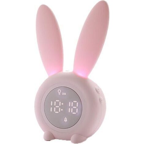 royaluxe-réveil numérique fort pour les enfants mignon lapin lapin avec affichage de la température, répétition, commande vocale, veilleuse temporisée, lampe de chevet de table (Rose)，17.59.47.3cm