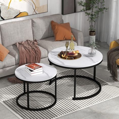 Set of 2 Round Coffee Tables, Living Room Furniture - Round - With 2 Side Tables (Sable) (1/5)