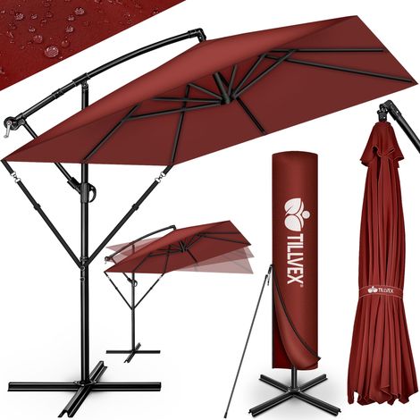 tillvex Parasol rectangulaire en aluminium Ø 330 cm rouge + housse à manivelle Parasol déporté carré avec pied et brise-vent Parasol de jardin anti-UV en aluminium Parasol de marché à manivelle, ét (1/5)